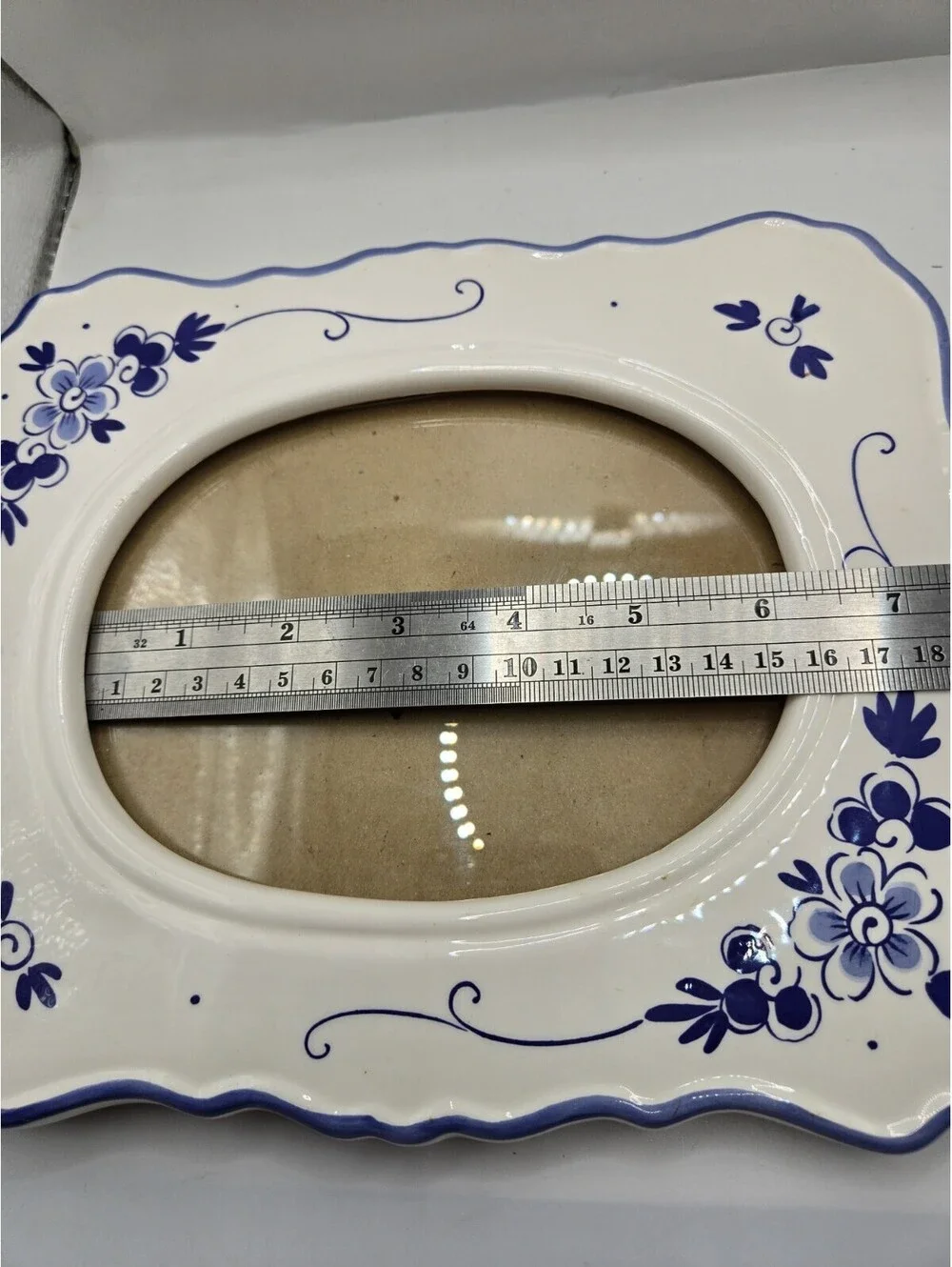 Vintage Delft Style Blue and White Ceramic Picture Frame Oval Photo Wavy Edge